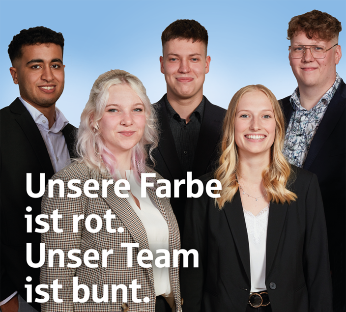 5 junge Menschen vor blauem Hintergrund in Businesskleidung. Dazu der Spruch: Unsere Farbe ist rot. Unser Team ist bund. 5 junge Menschen vor blauem Hintergrund in Businesskleidung. Dazu der Spruch: Unsere Farbe ist rot. Unser Team ist bund.