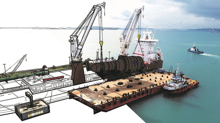 Gezeichnetes Bild des Transports eines großen Stahlteils per Schiff Gezeichnetes Bild des Transports eines großen Stahlteils per Schiff