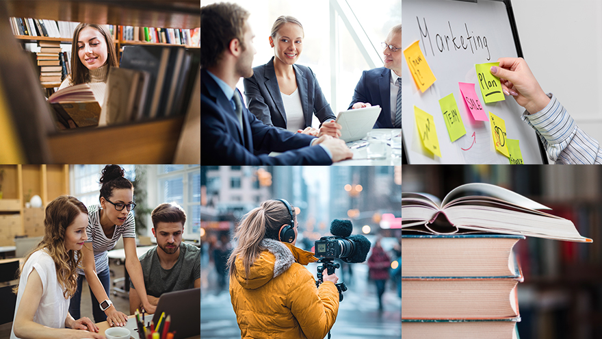 Collage zum Thema Geisteswissenschaften und Berufswahl: Bücher, junge Menschen in Meetings, in Medien- und Marketingberufen. Collage zum Thema Geisteswissenschaften und Berufswahl: Bücher, junge Menschen in Meetings, in Medien- und Marketingberufen.