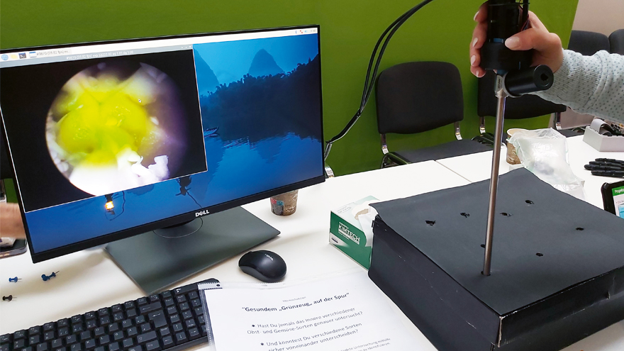 Untersuchung von Obst und Gemüse (in einer schwarzen Box) mit einem Endoskop am Stand der HTW Berlin auf der vocatium Berlin focus beim Forum MINT und Gesundheit. (Foto: Dr. rer. nat. Leonie Drews, Institut für Talententwicklung) Untersuchung von Obst und Gemüse (in einer schwarzen Box) mit einem Endoskop am Stand der HTW Berlin auf der vocatium Berlin focus beim Forum MINT und Gesundheit. (Foto: Dr. rer. nat. Leonie Drews, Institut für Talententwicklung)