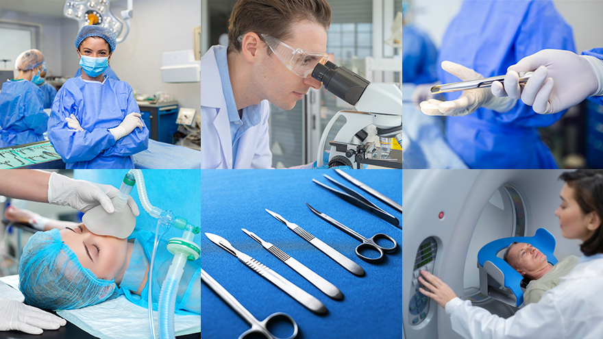 Collage: MINT-Berufe in der Medizin, Themenbilder aus OP, Labor und Radiologie (freepik)