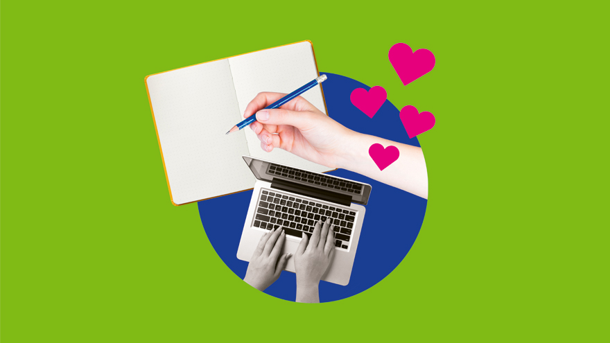 Illustration mit Buch, Stift und Laptop